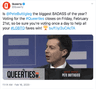 A screenshot of a Queerty Twitter post that asks if Pete Buttigieg is the biggest badass of the year? The photo in the tweet is of Pete Buttigieg at an HRC Gala.